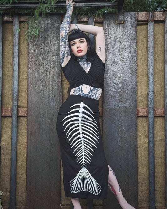 Ghastly Siren Skeleton Mermaid Pencil Skirt - GLOW IN THE DARK