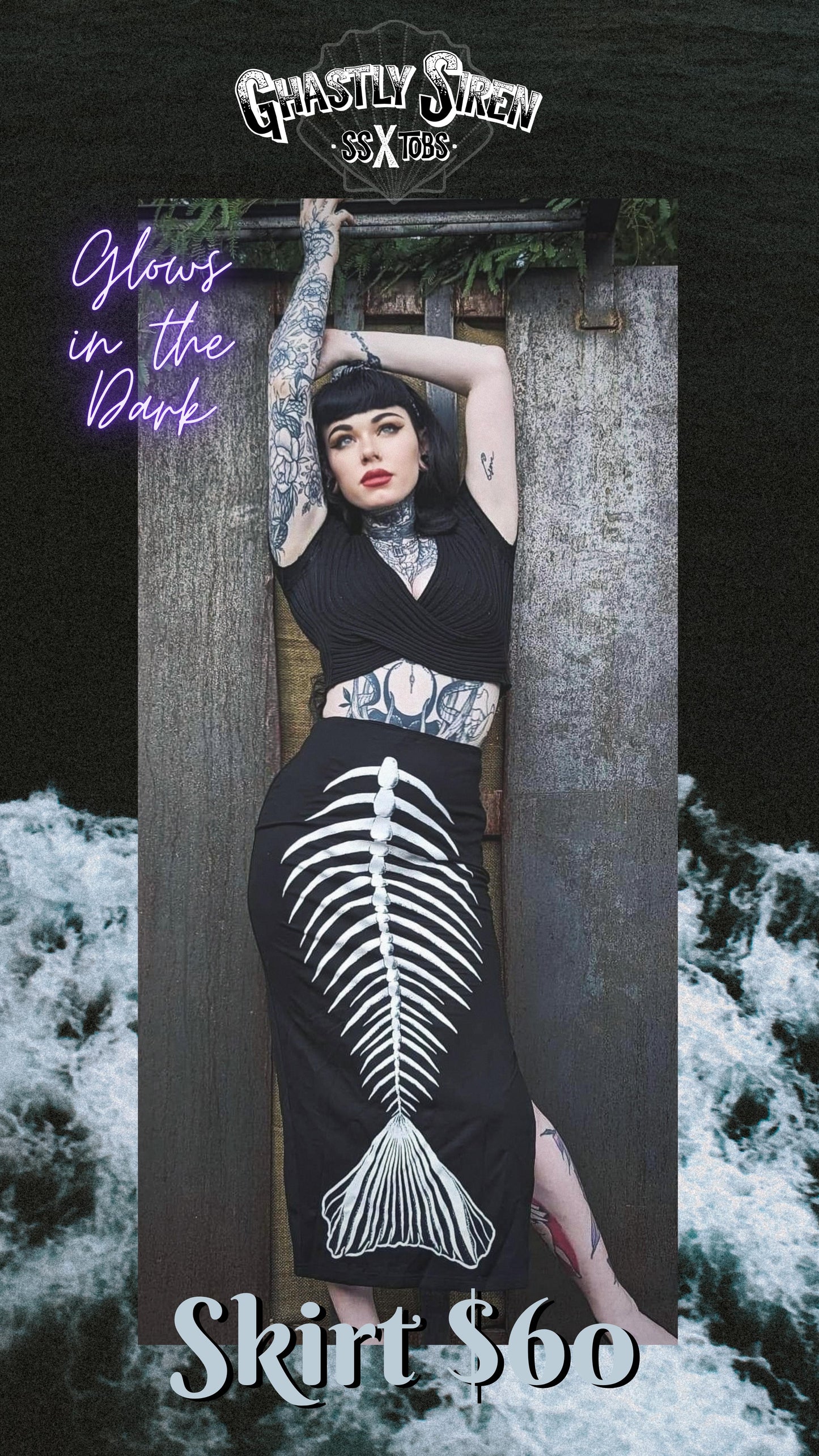 Ghastly Siren Skeleton Mermaid Pencil Skirt - GLOW IN THE DARK