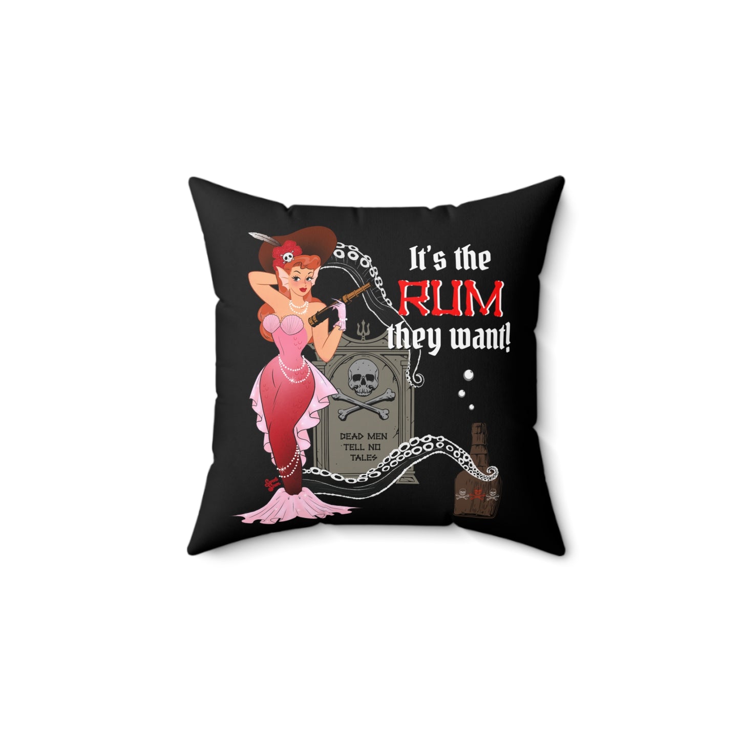 Rum Red Headed Pirate Mermaid - FULL Pillow - Black
