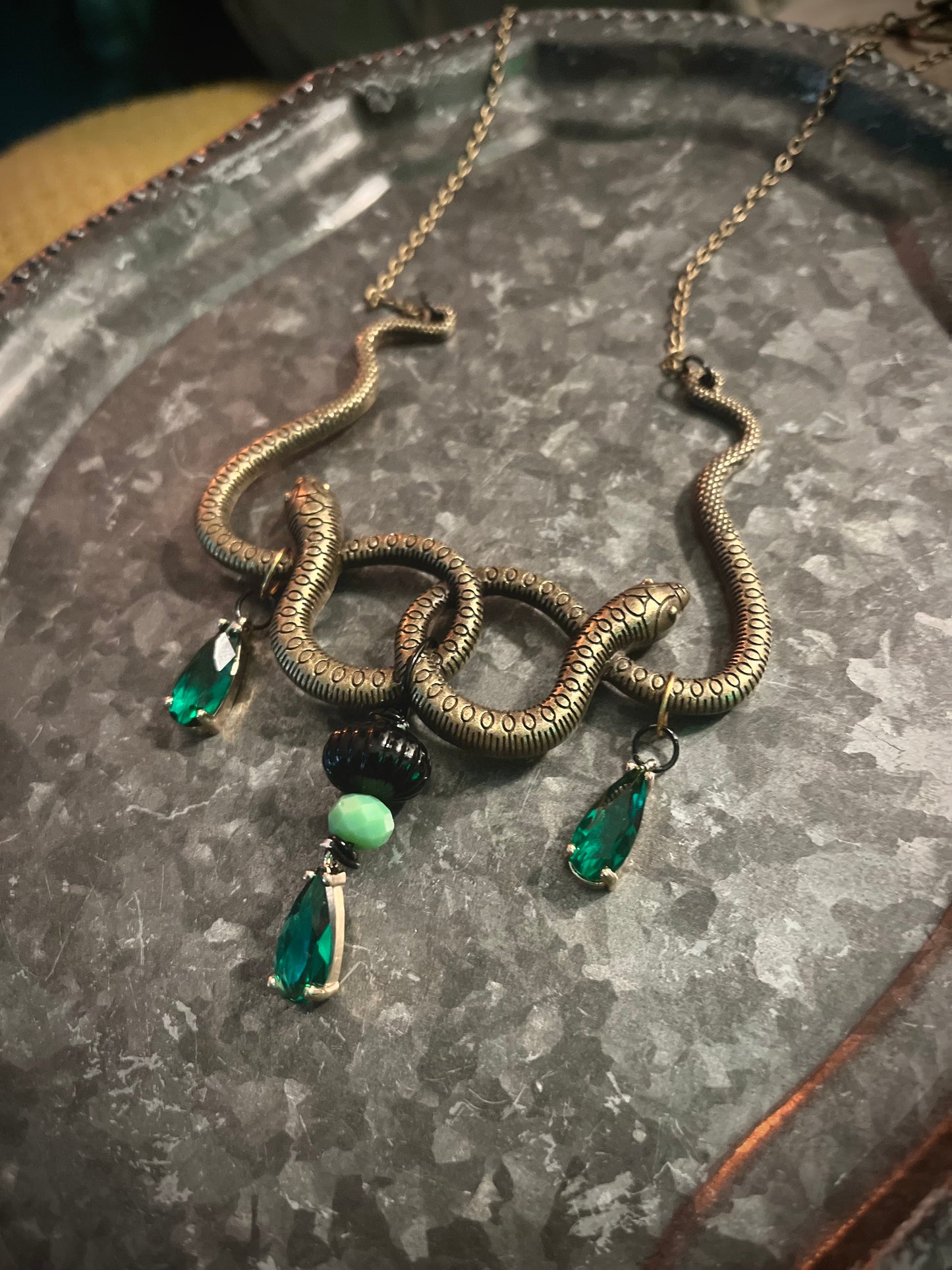Double Snake Green- Necklace - One of a Kind