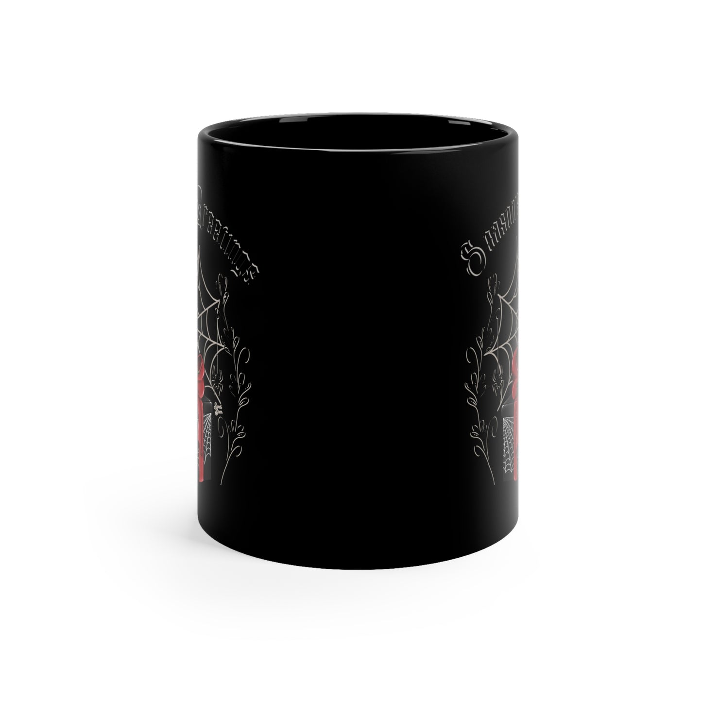 Season's Greetings Spiderweb Present - 11oz Black Mug