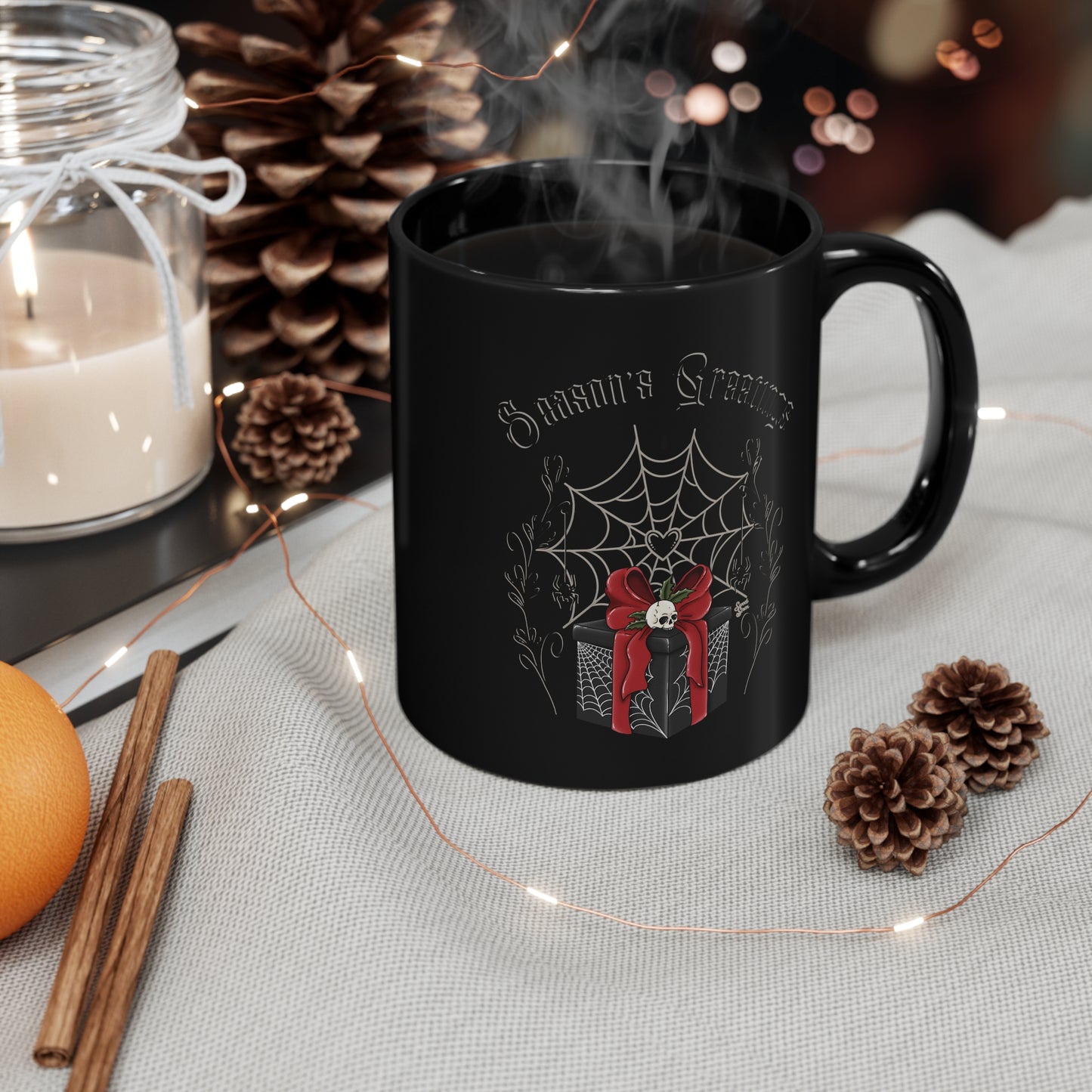Season's Greetings Spiderweb Present - 11oz Black Mug
