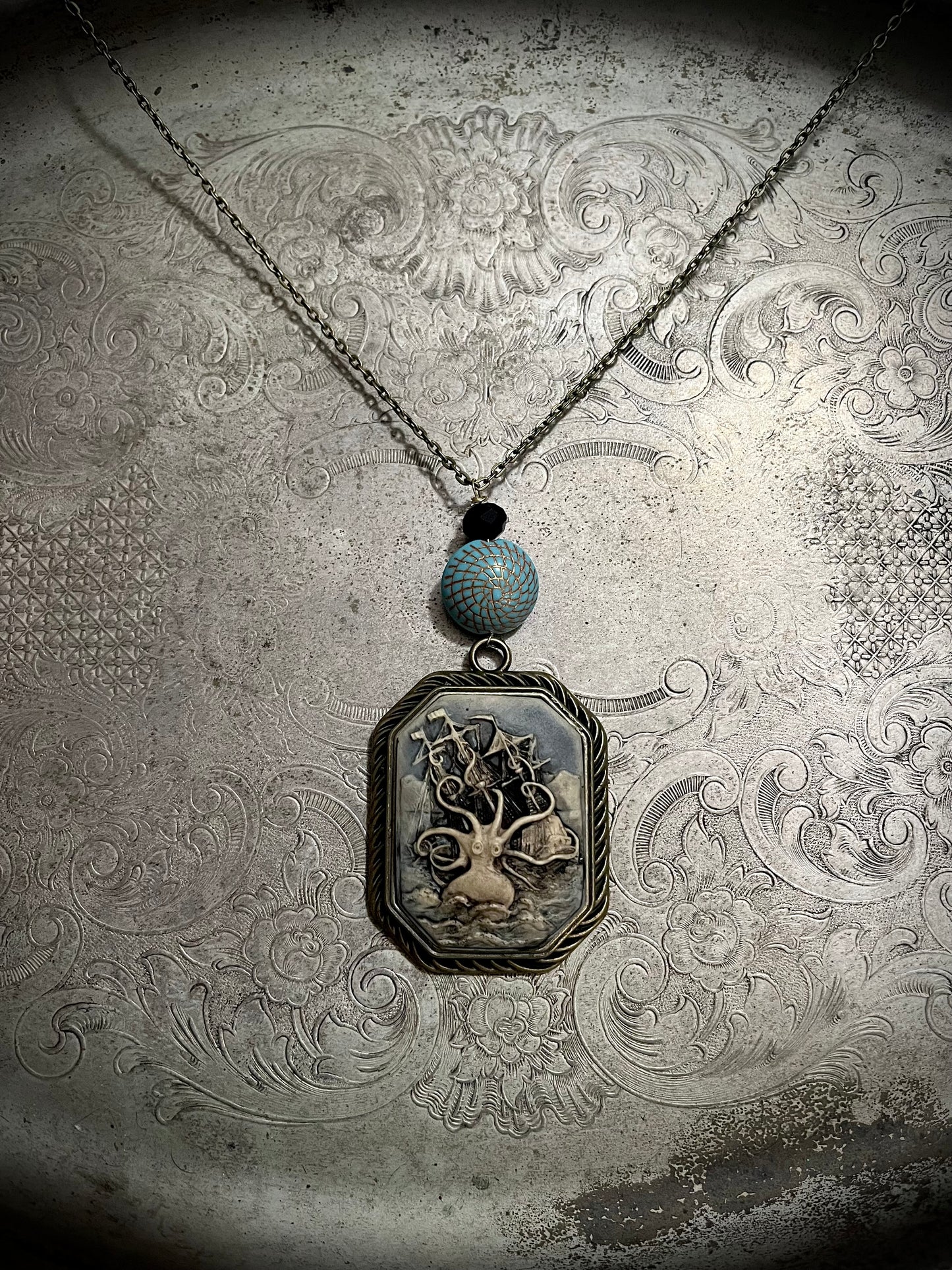 Antiqued Kraken & Ship Beaded Cameo Necklace