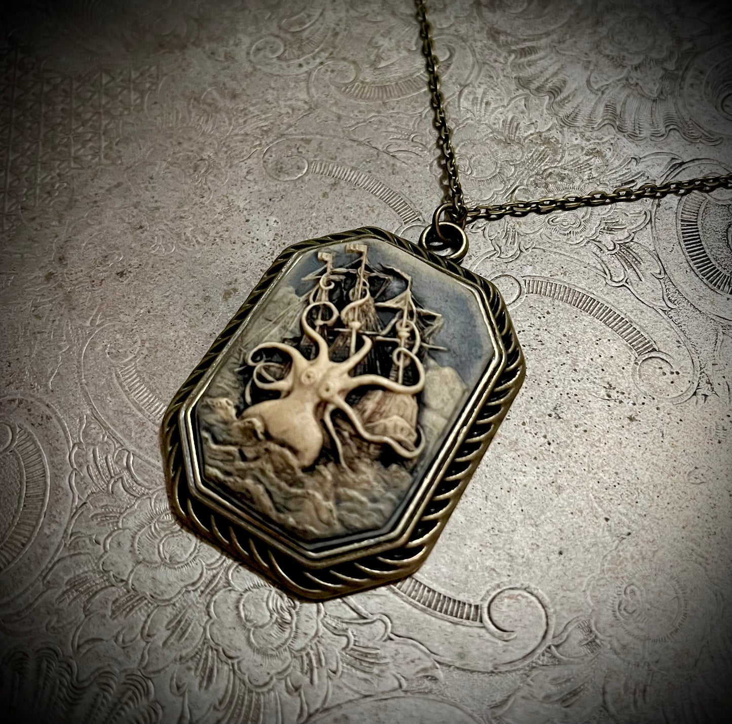 Antiqued Kraken & Ship Cameo Necklace