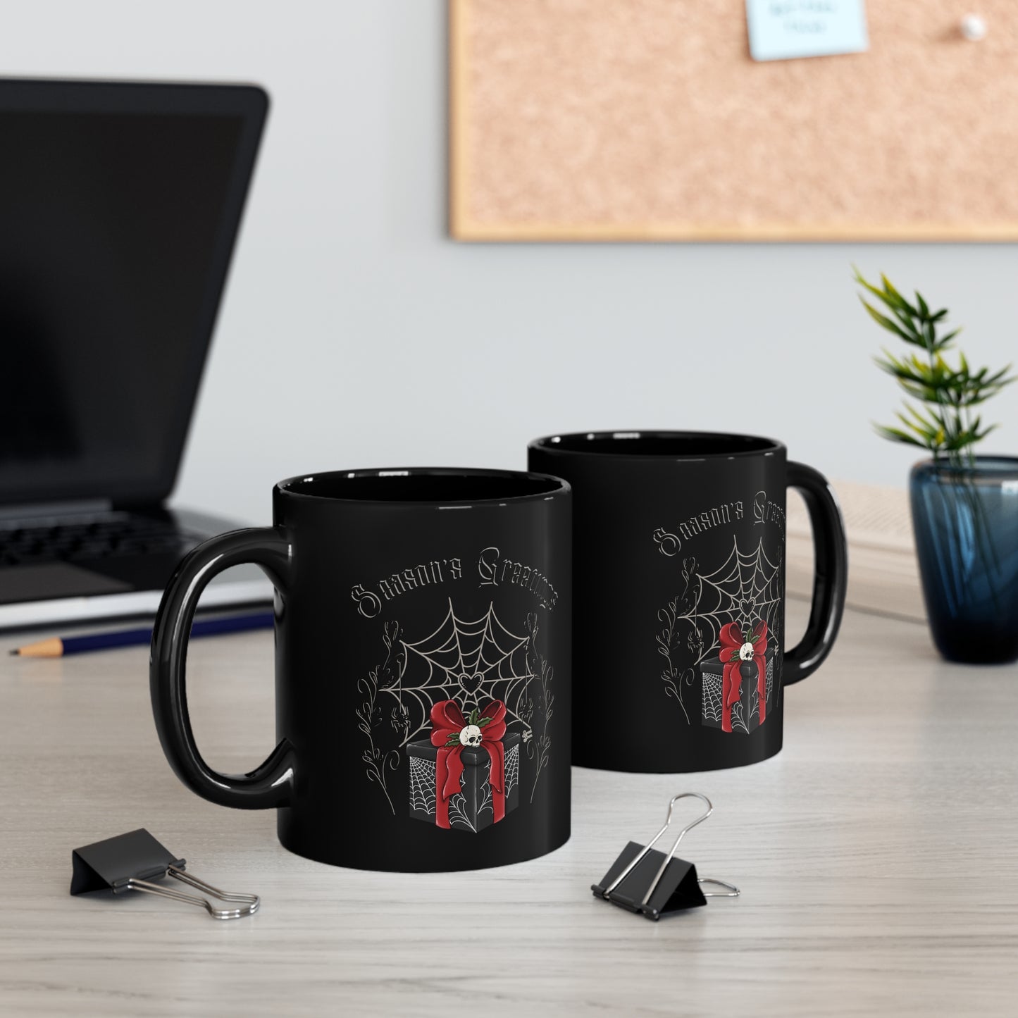 Season's Greetings Spiderweb Present - 11oz Black Mug