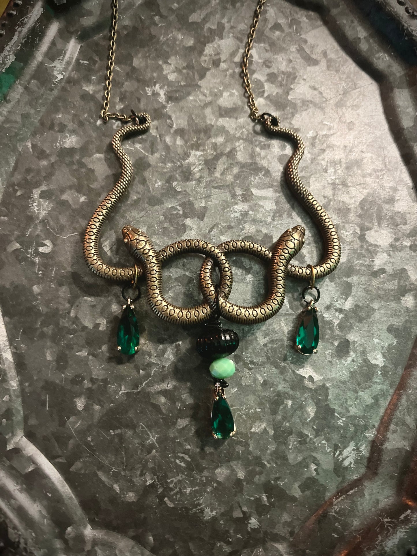 Double Snake Green- Necklace - One of a Kind