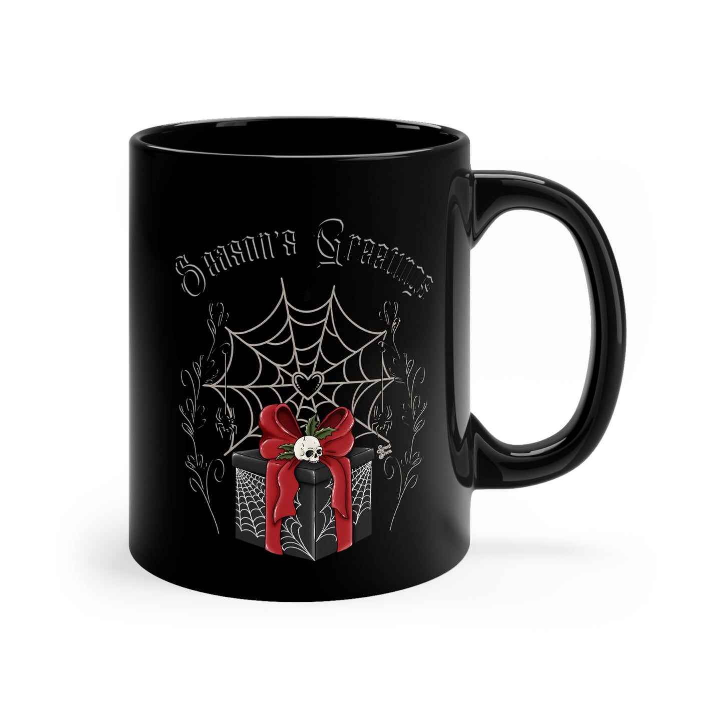 Season's Greetings Spiderweb Present - 11oz Black Mug