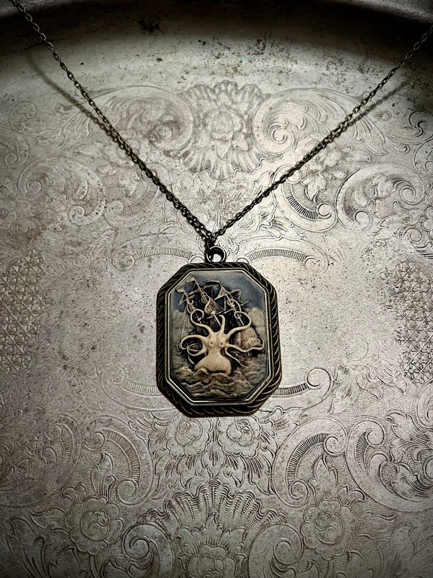 Antiqued Kraken & Ship Cameo Necklace