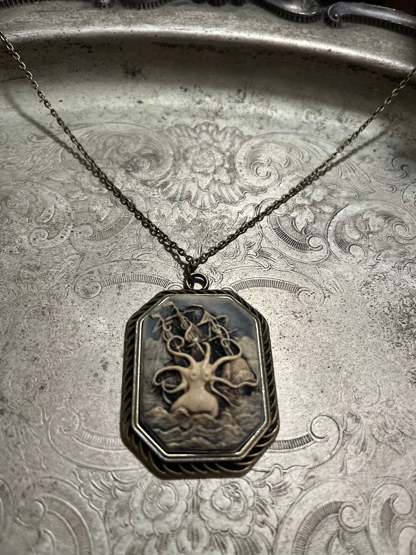 Antiqued Kraken & Ship Cameo Necklace