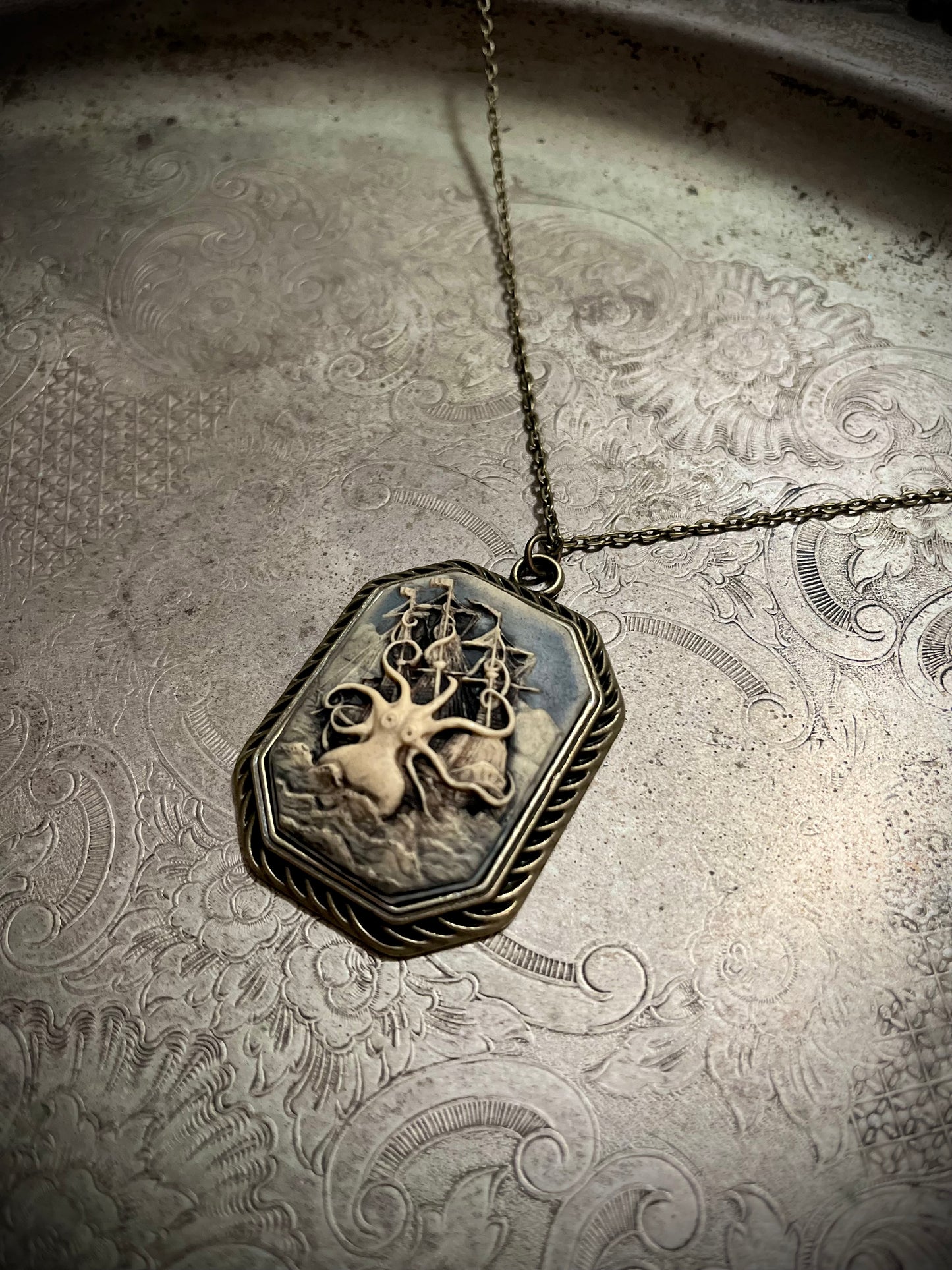 Antiqued Kraken & Ship Cameo Necklace