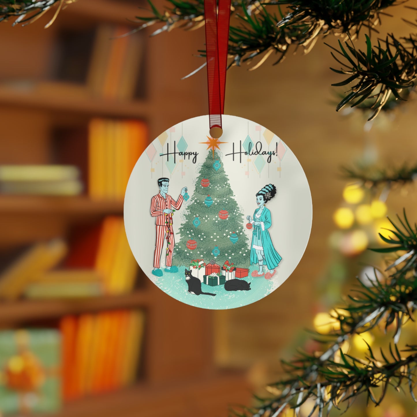 Retro Monsters Holiday - Metal Ornament