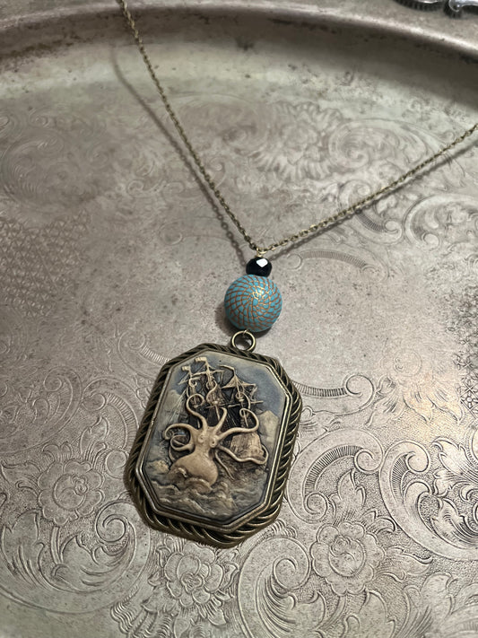 Antiqued Kraken & Ship Beaded Cameo Necklace
