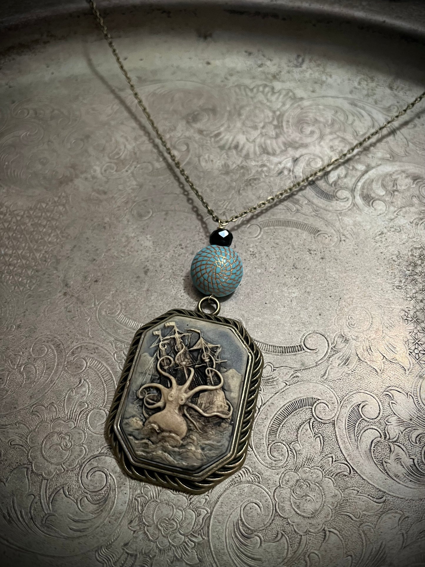 Antiqued Kraken & Ship Beaded Cameo Necklace