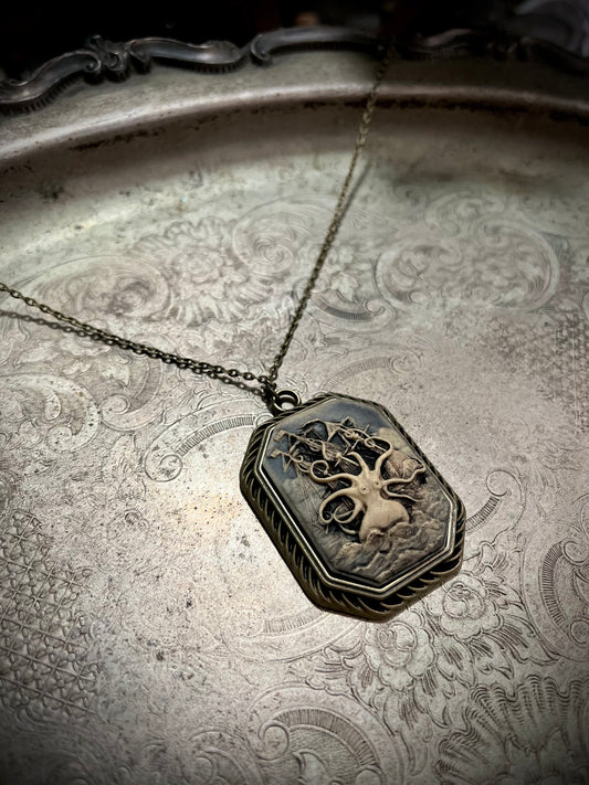Antiqued Kraken & Ship Cameo Necklace