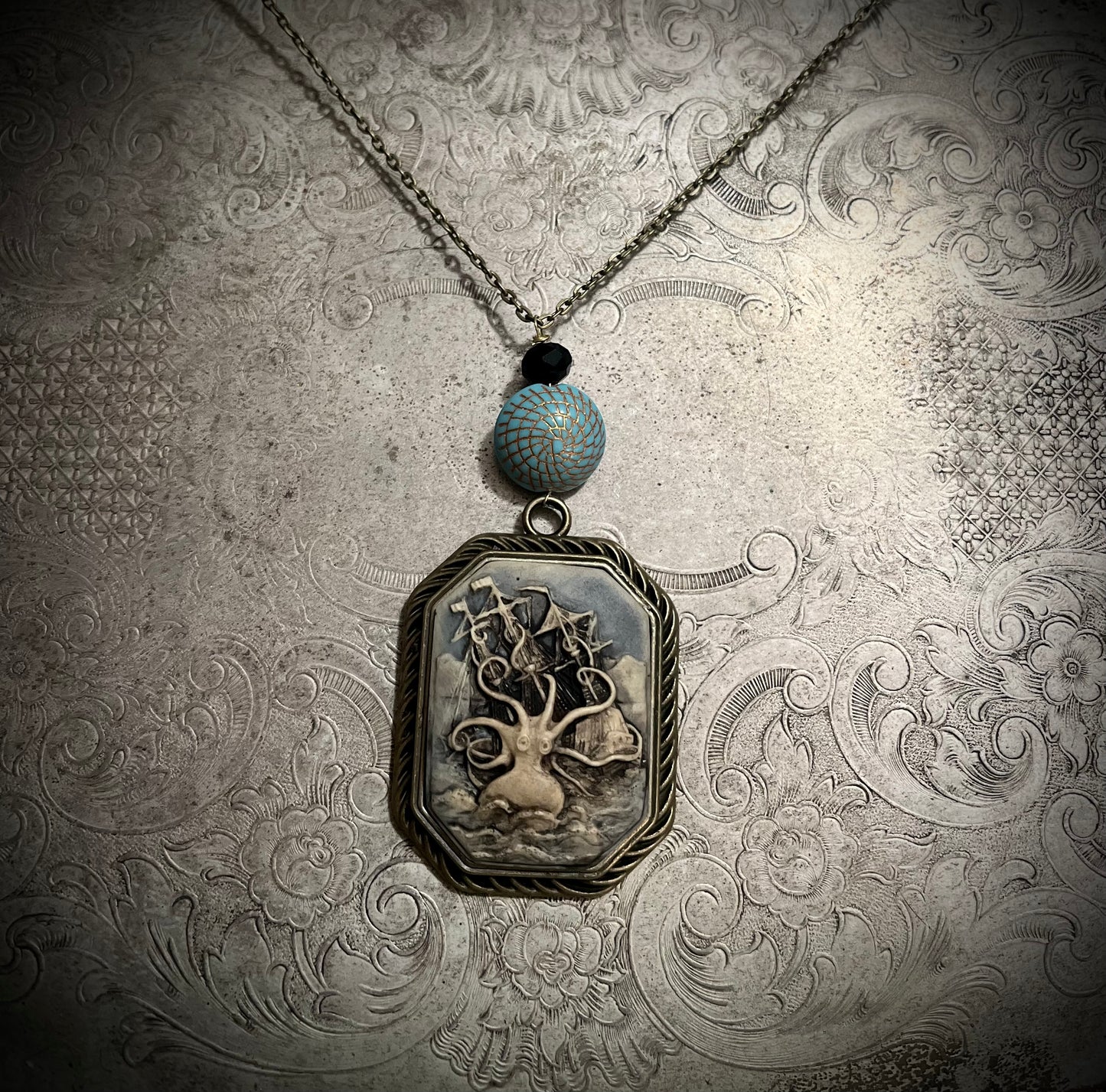 Antiqued Kraken & Ship Beaded Cameo Necklace