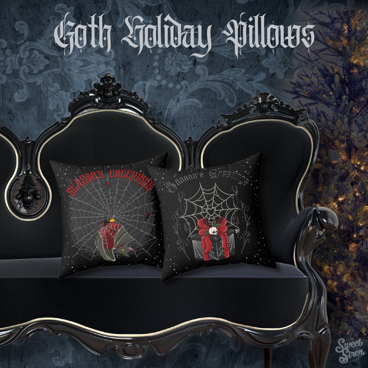 Season's Greetings Skull Present - FULL Pillow - Black