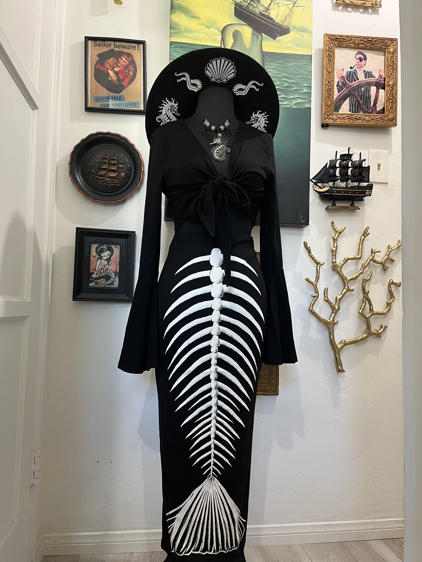 Ghastly Siren Skeleton Mermaid Pencil Skirt - GLOW IN THE DARK