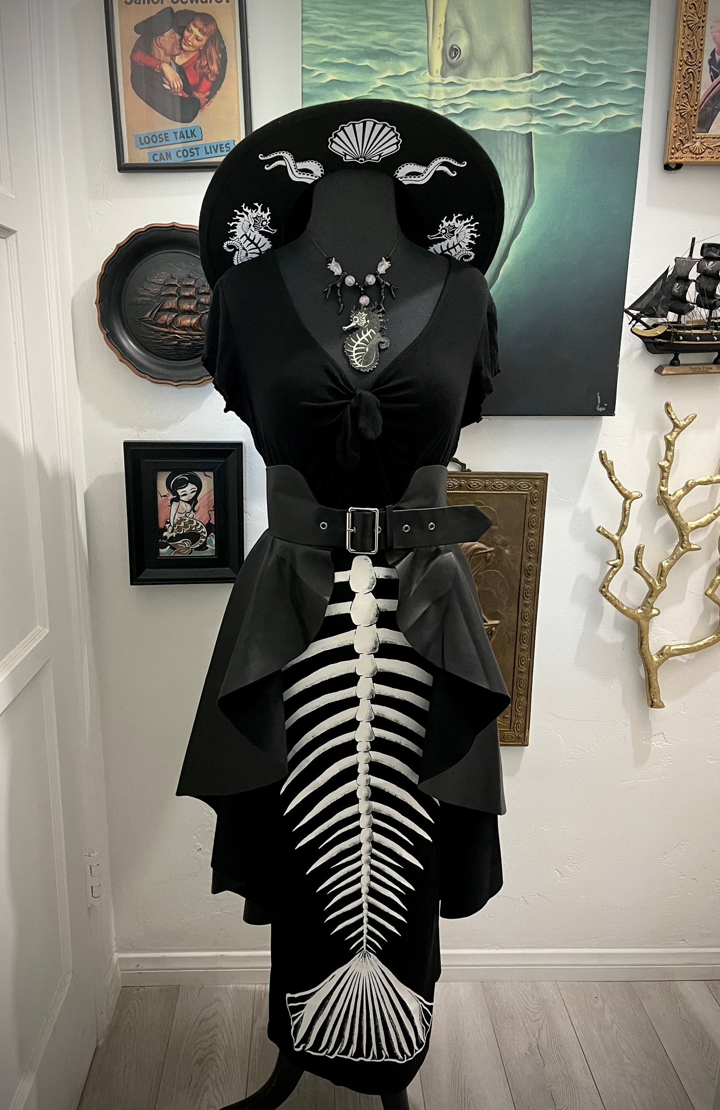 Ghastly Siren Skeleton Mermaid Pencil Skirt - GLOW IN THE DARK