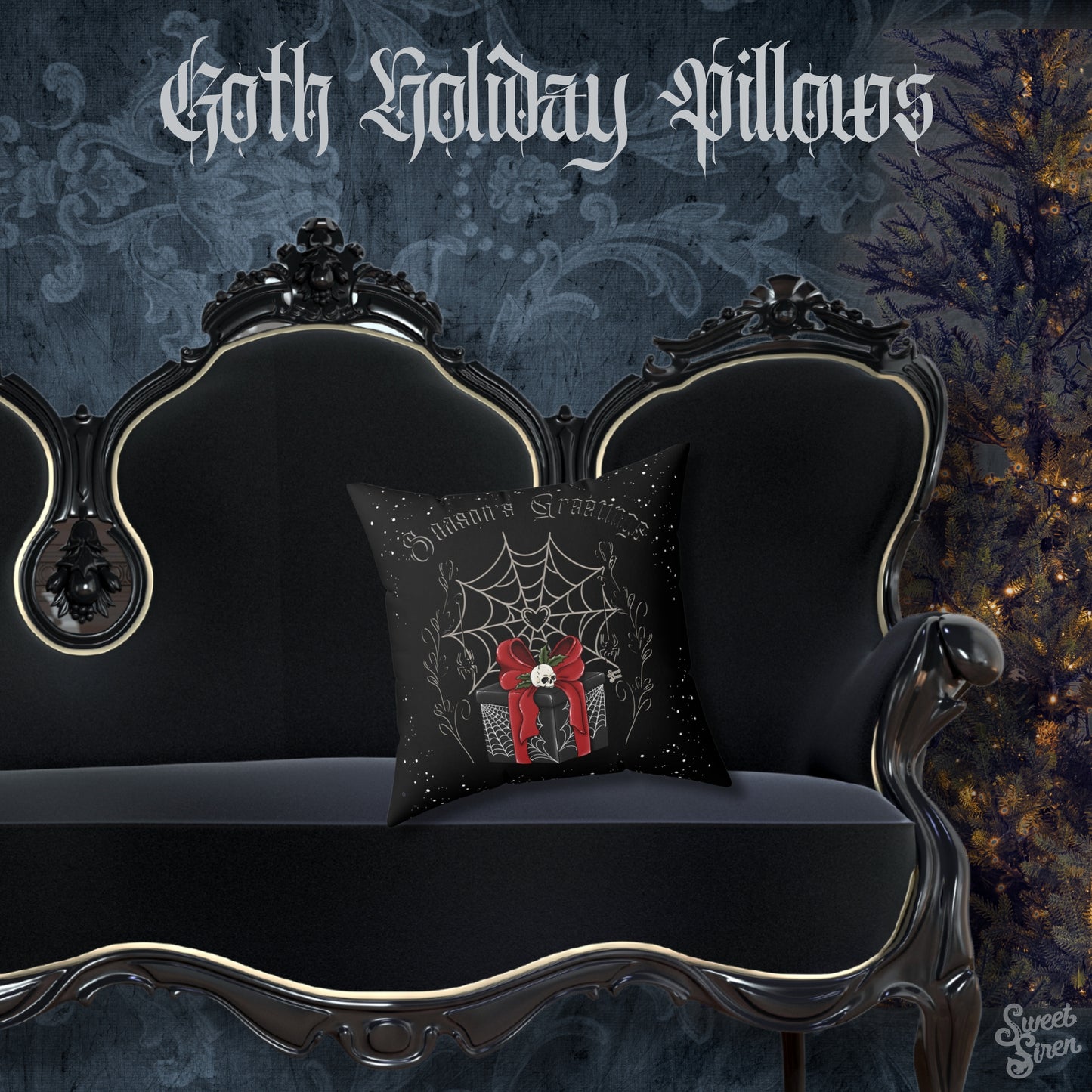 Season's Greetings Skull Present - FULL Pillow - Black