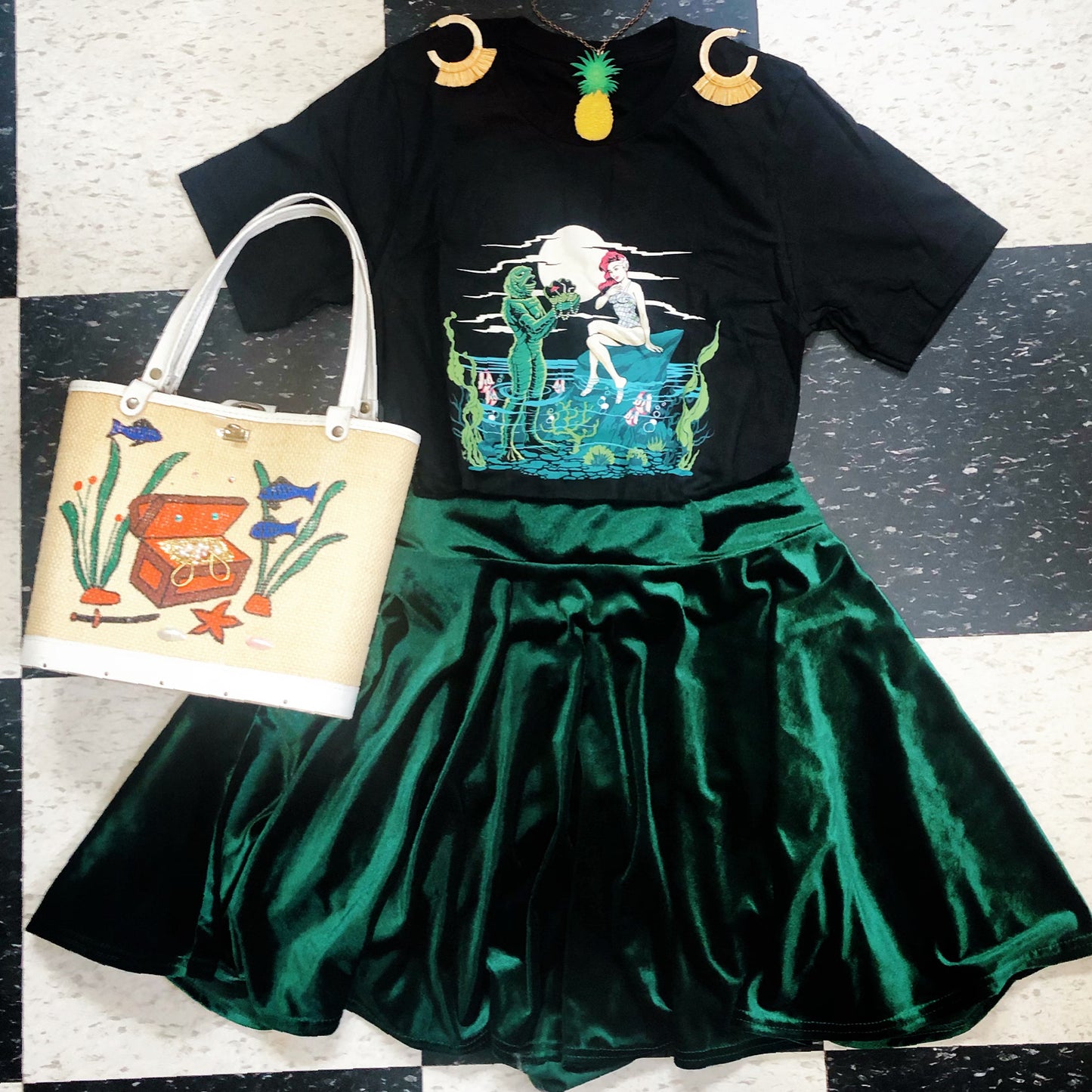 Swamp Green Velvet Skater Skirt