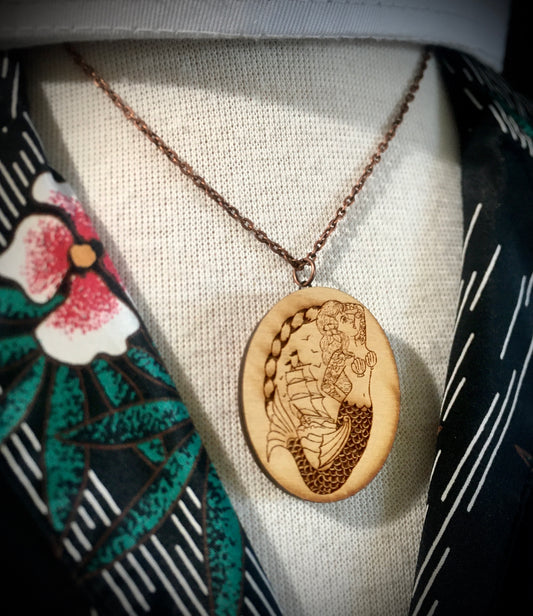 Sweet Siren Mermaid Wooden Cameo -  Necklace