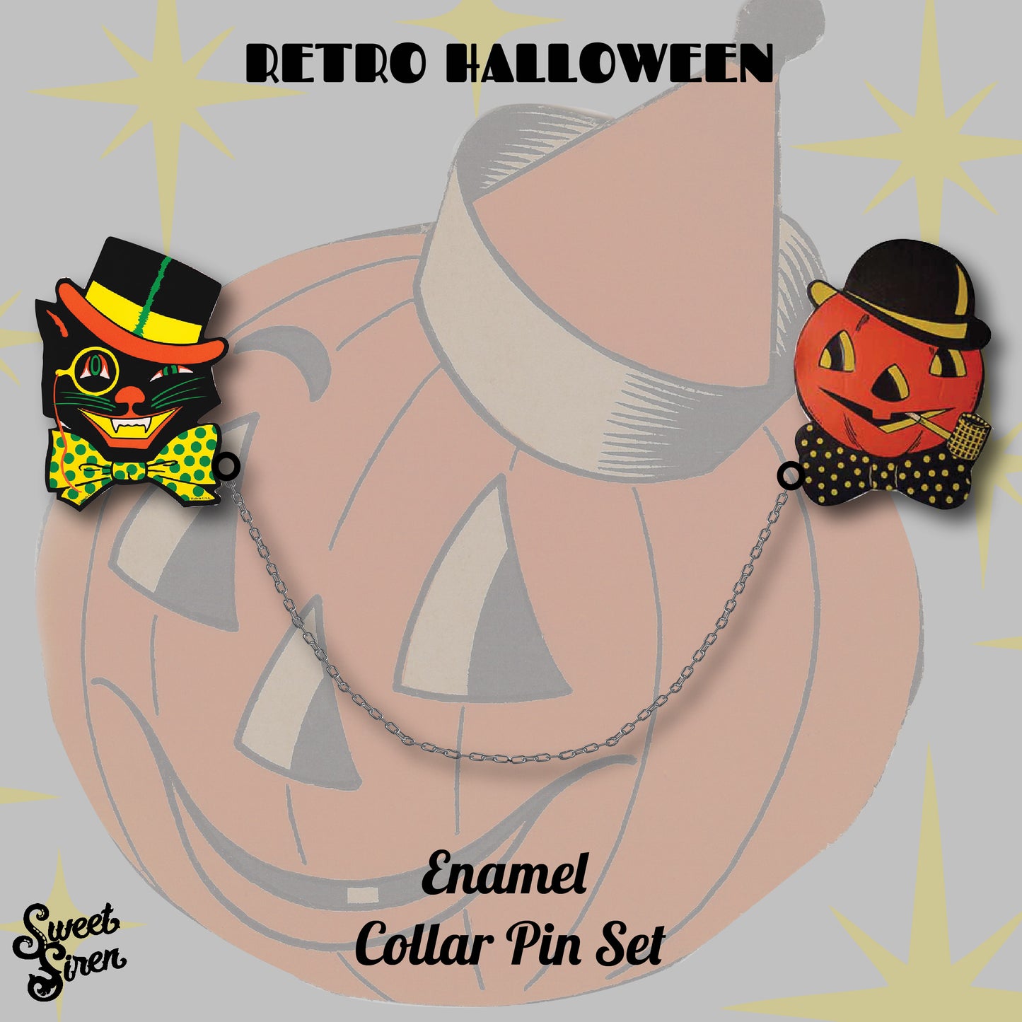 Retro Cat and Pumpkin Collar-Sweater Pin Set