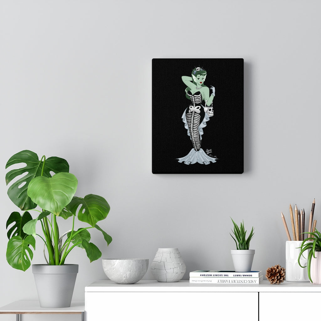 Skeleton Mermaid Babe - 8"x10" Canvas - BLACK
