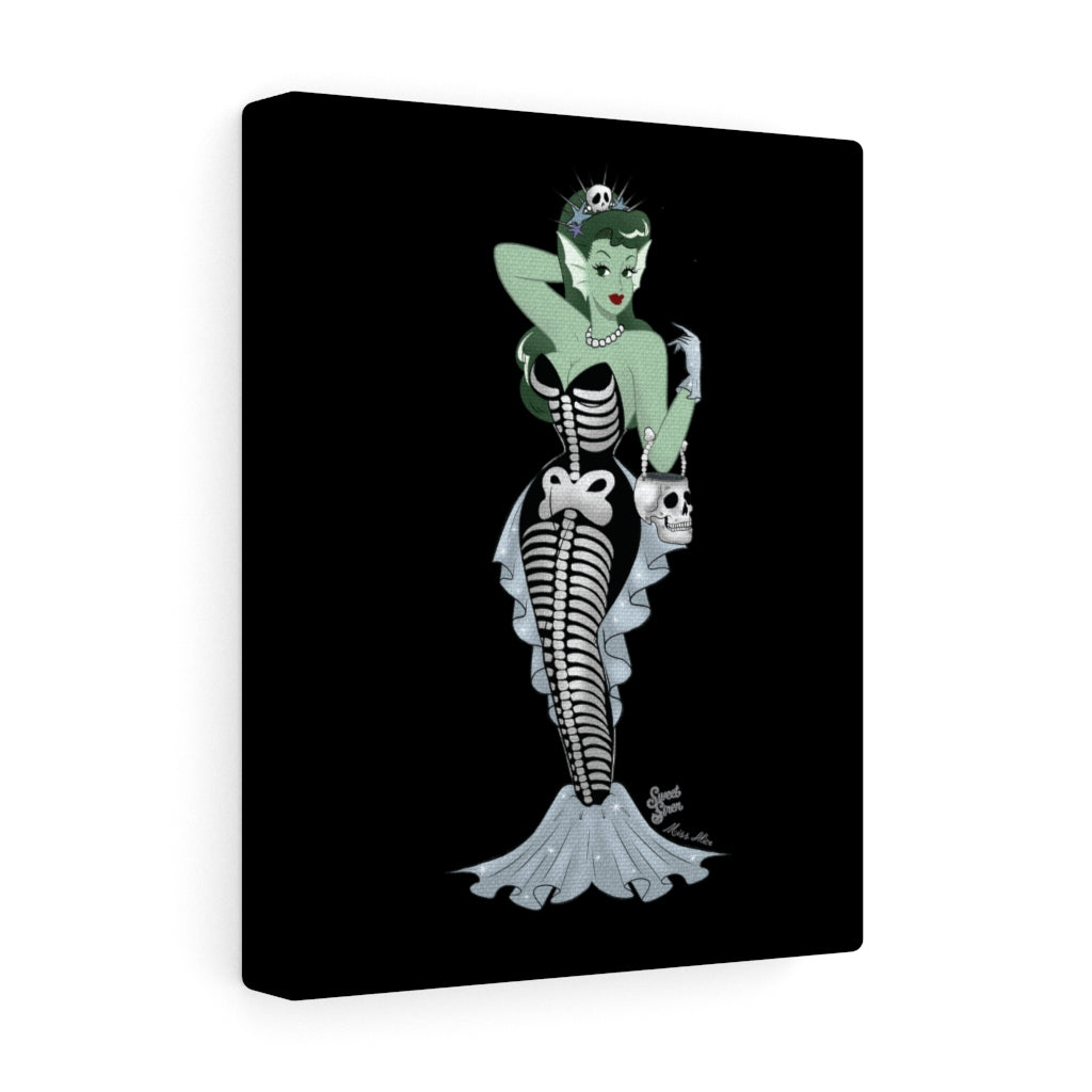 Skeleton Mermaid Babe - 8"x10" Canvas - BLACK