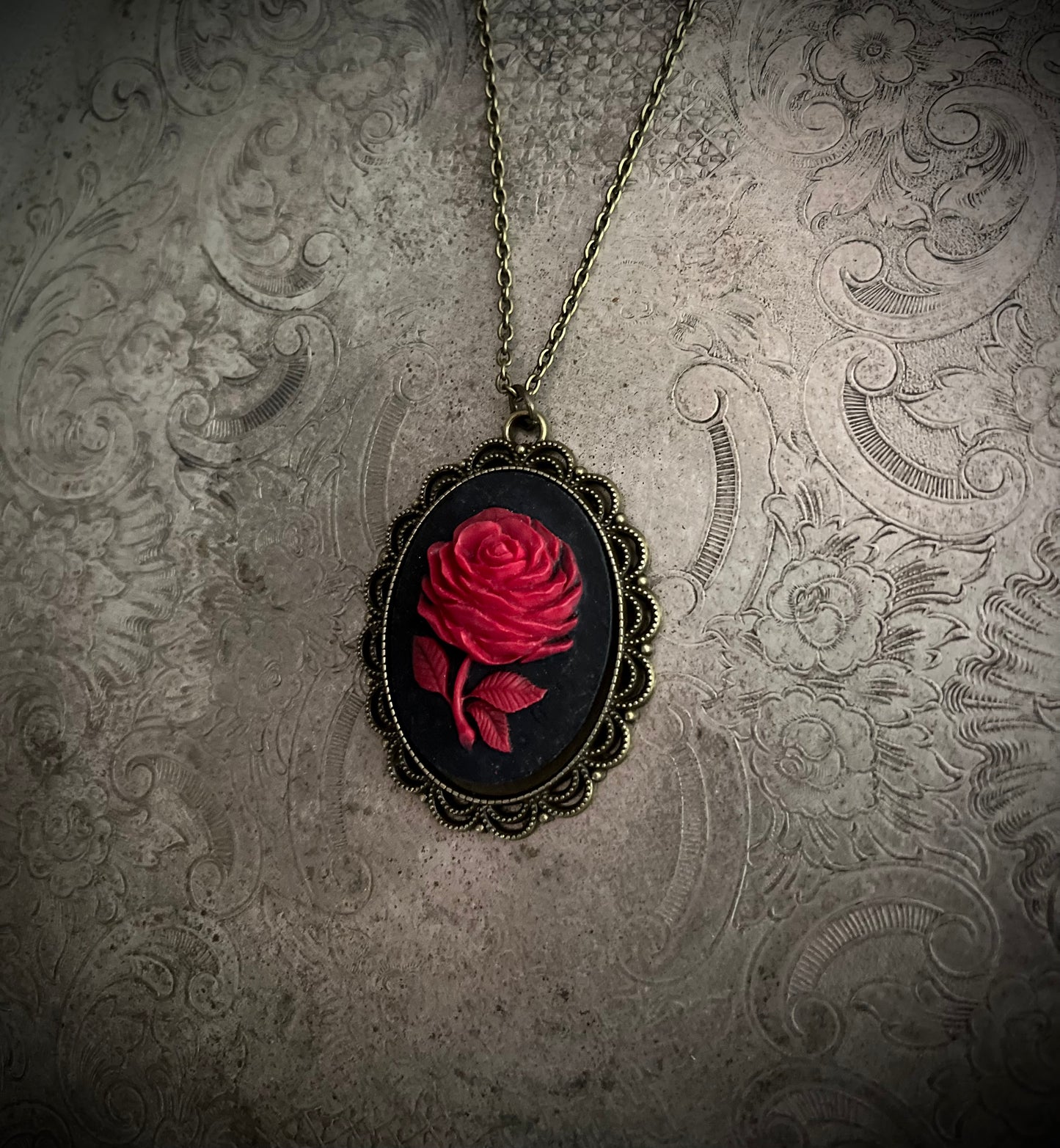 Gothic Blood Red Rose Cameo Necklace
