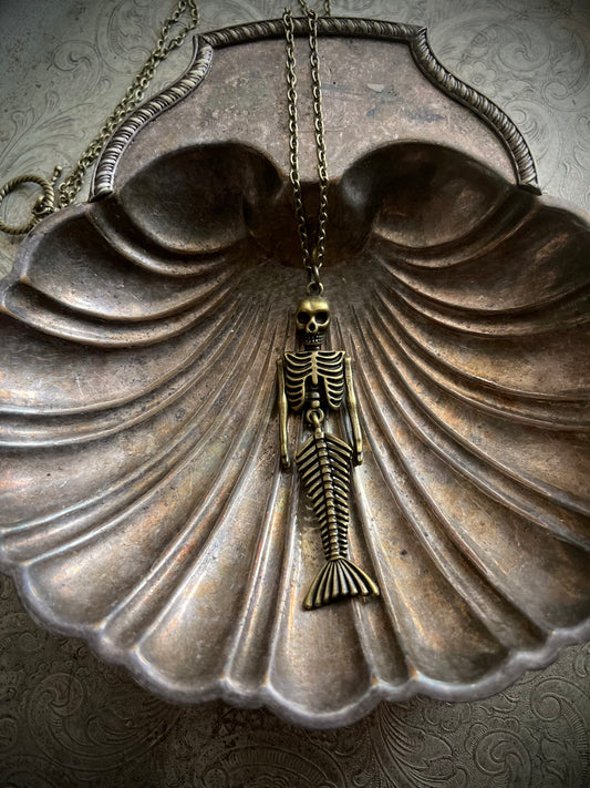 Brass Skeleton Mermaid Necklace