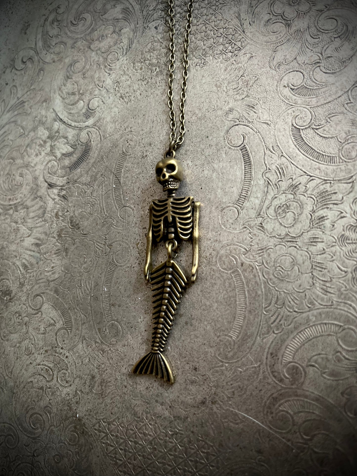 Brass Skeleton Mermaid Necklace