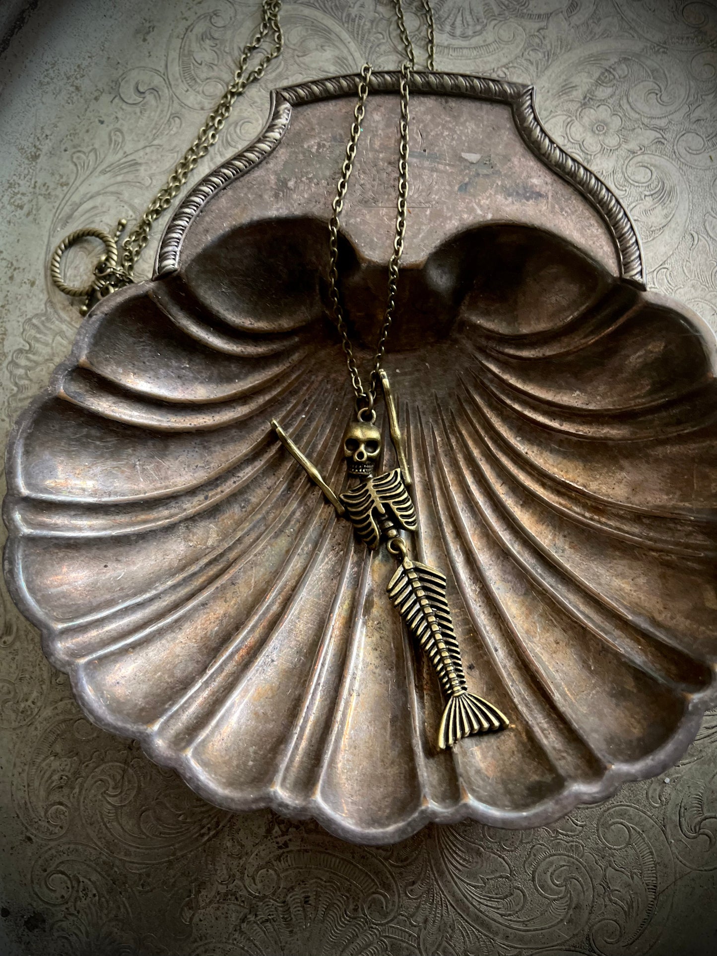 Brass Skeleton Mermaid Necklace