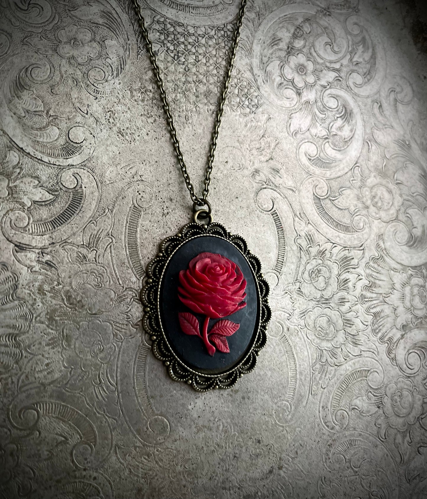 Gothic Blood Red Rose Cameo Necklace