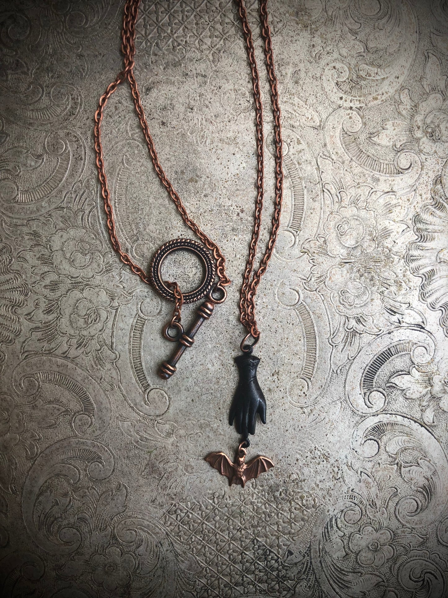 Victorian Hand Bat Necklace - Copper