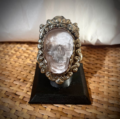 Skull Ring - XL - Ornate - Clear Crystal Agate