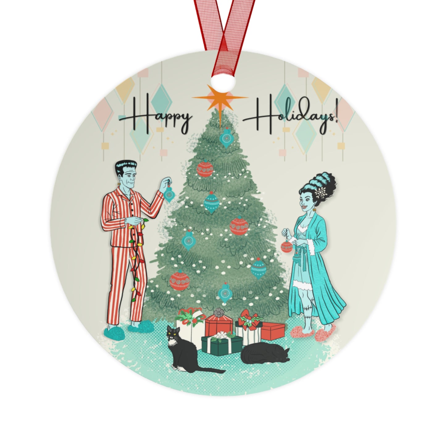 Retro Monsters Holiday - Metal Ornament