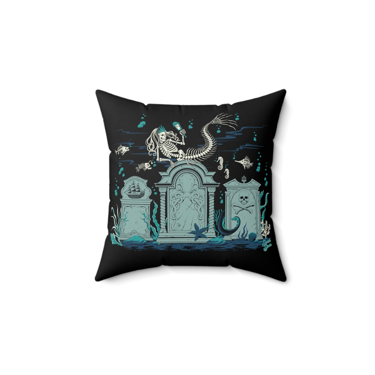 Skeleton Mermaid Graveyard - FULL Pillow - Black