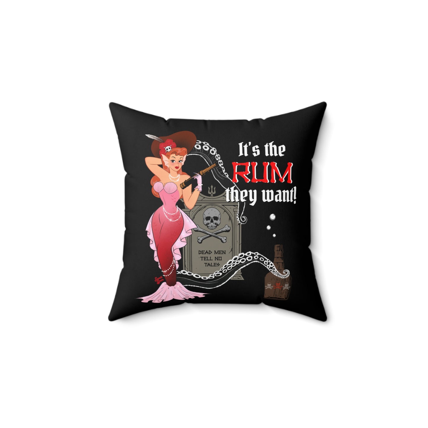 Rum Red Headed Pirate Mermaid - FULL Pillow - Black