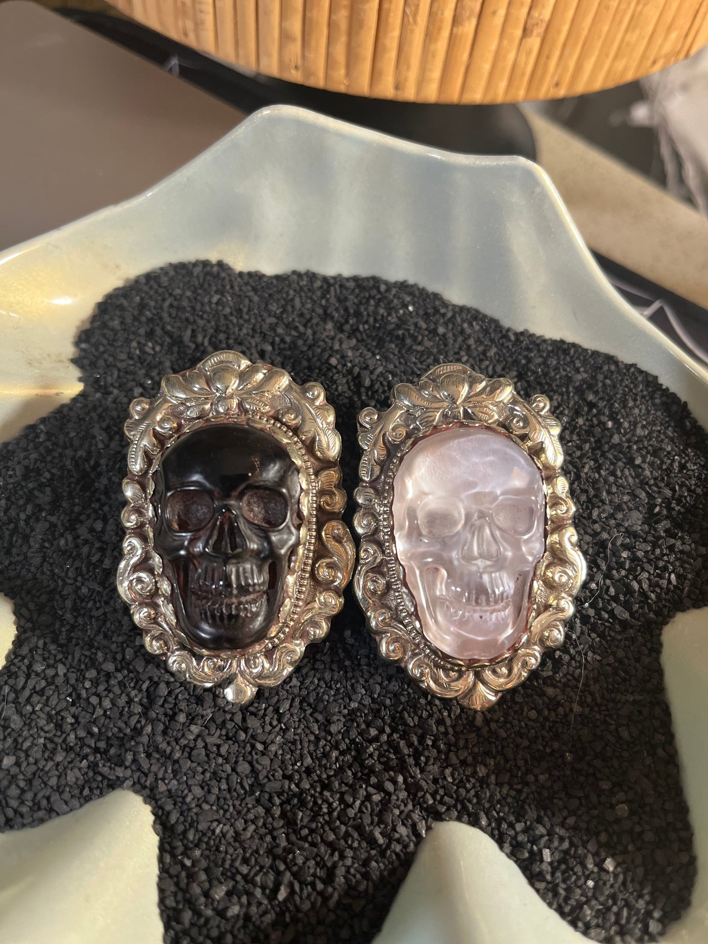 Skull Ring - XL - Ornate - Clear Crystal Agate