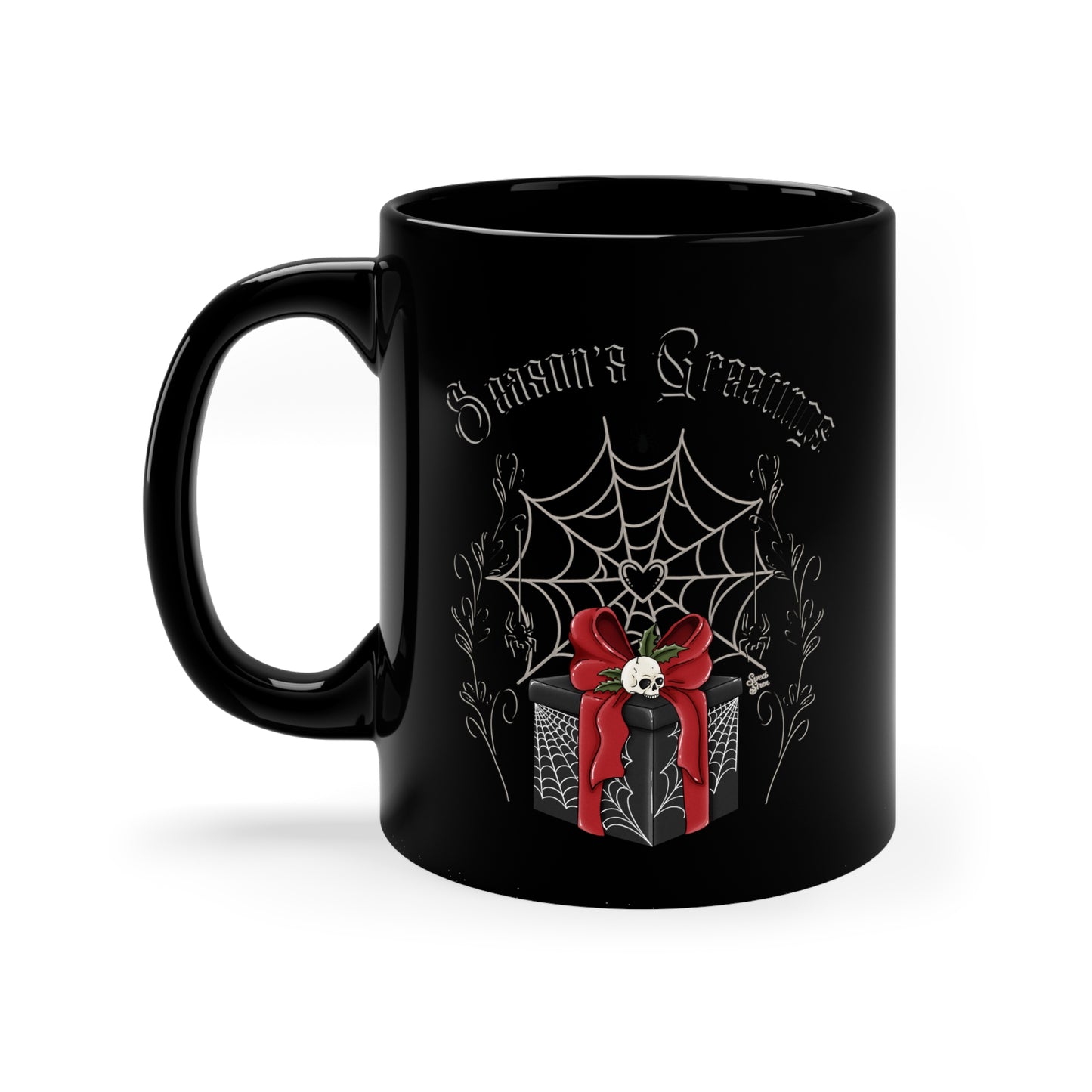 Season's Greetings Spiderweb Present -  11oz Black Mug