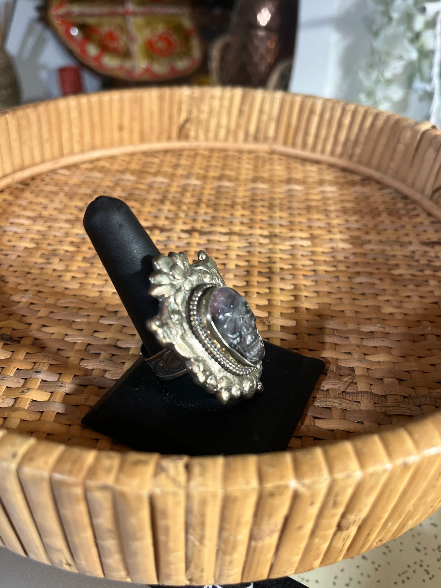 Skull Ring - S - Ornate - Onyx