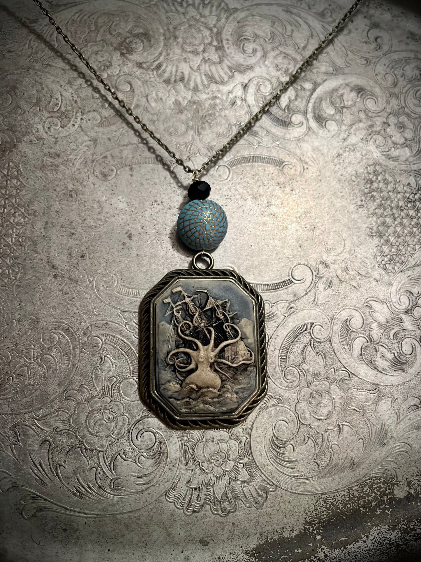 Antiqued Kraken & Ship Beaded Cameo Necklace