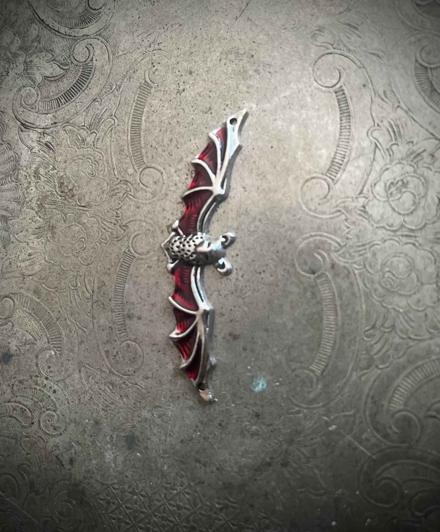 Silver and Red Flying Bat Pendant