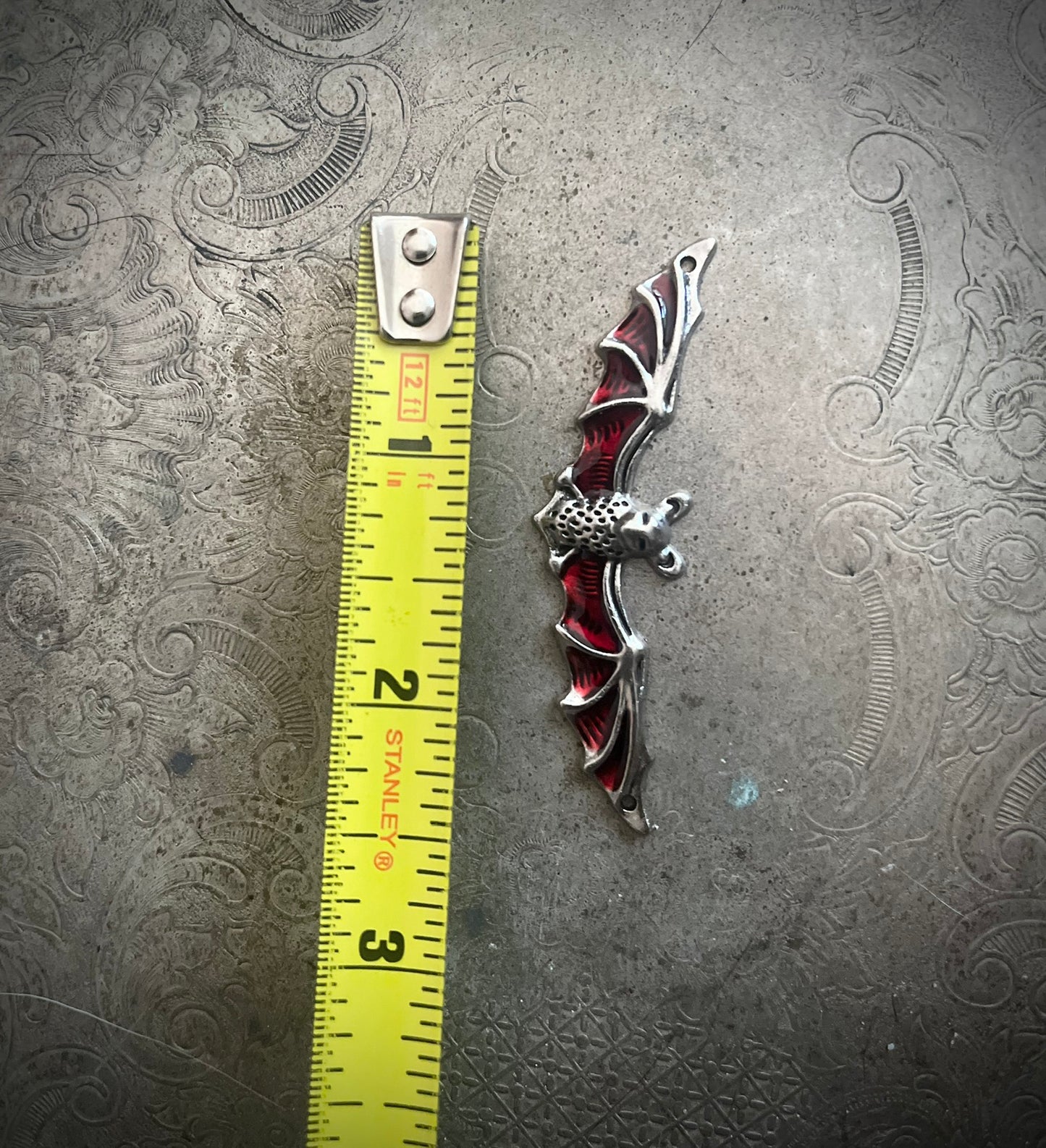 Silver and Red Flying Bat Pendant