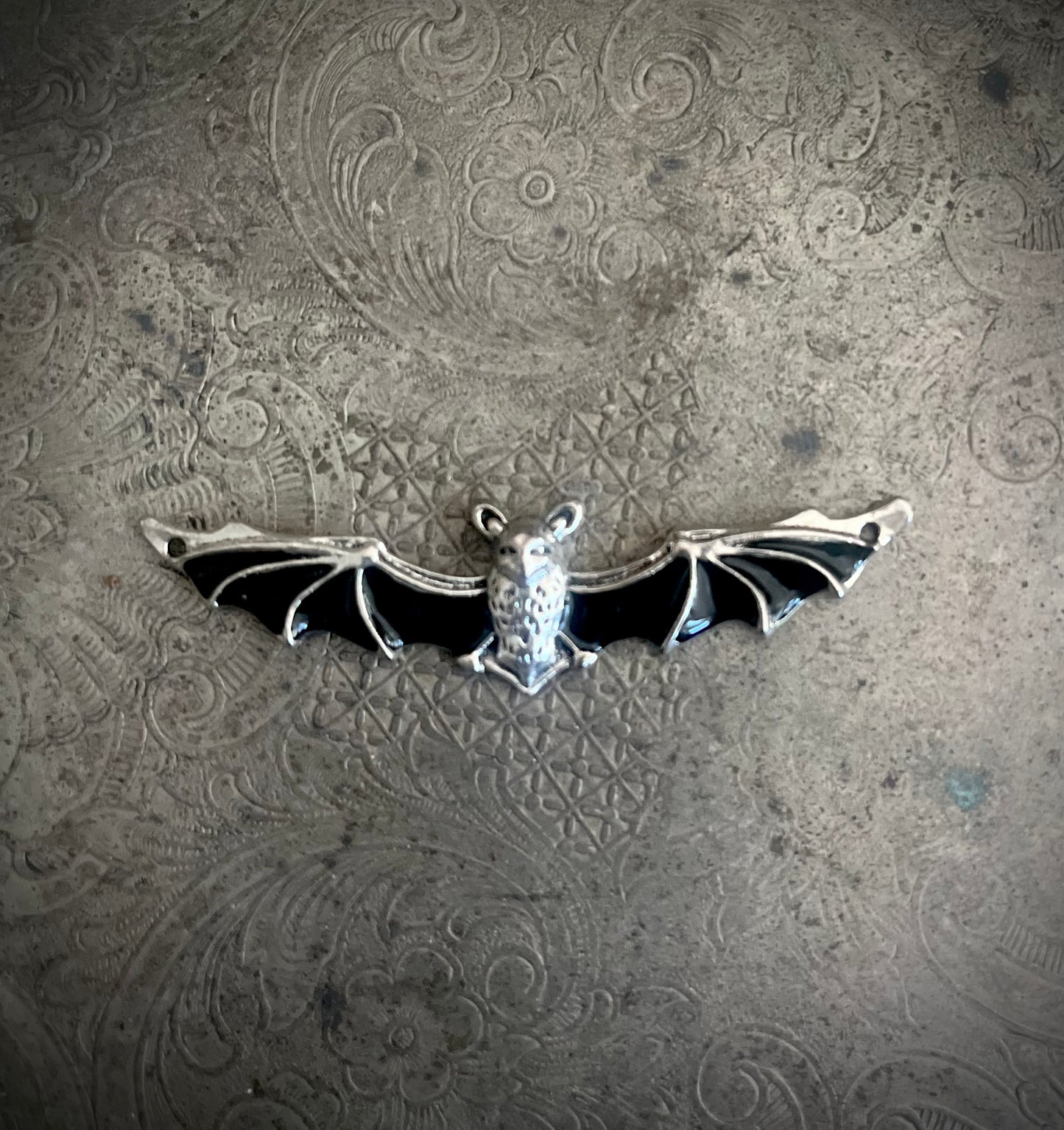 Silver and Black Flying Bat Pendant