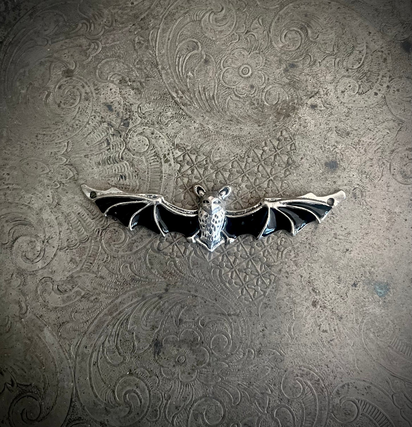 Silver and Black Flying Bat Pendant