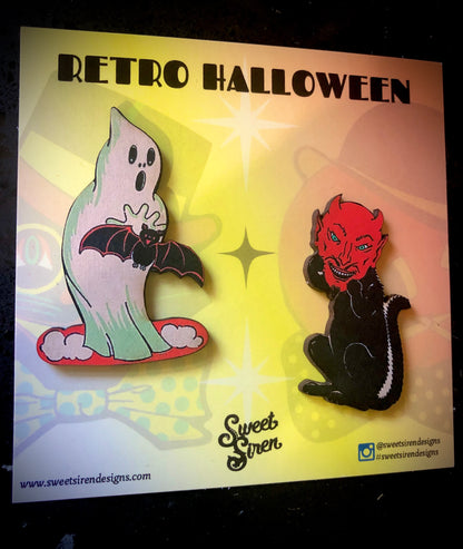 Ghost & Black Devil Cat Pin Set