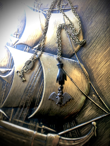 Haunted Victorian Hand and Bat Necklace