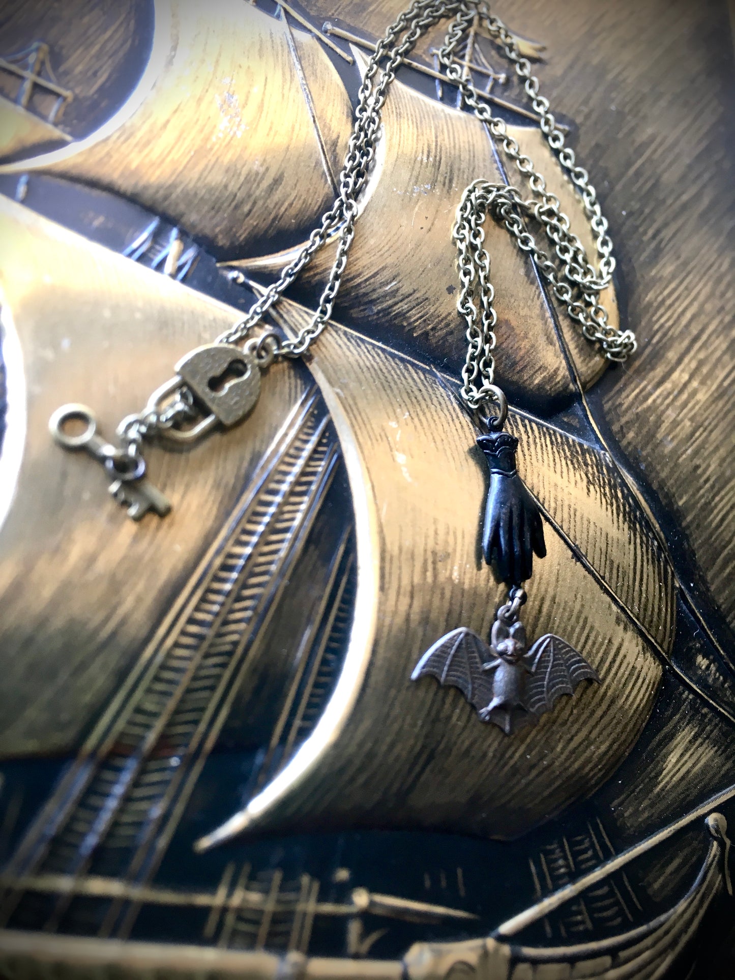 Haunted Victorian Hand and Bat Necklace