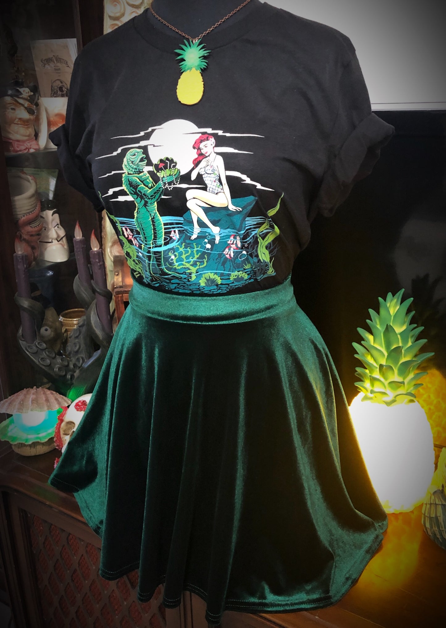 Swamp Green Velvet Skater Skirt